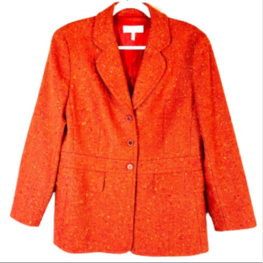 Escada Orange Wool Tweed Blazer Jacket Coat Size Large EU 42